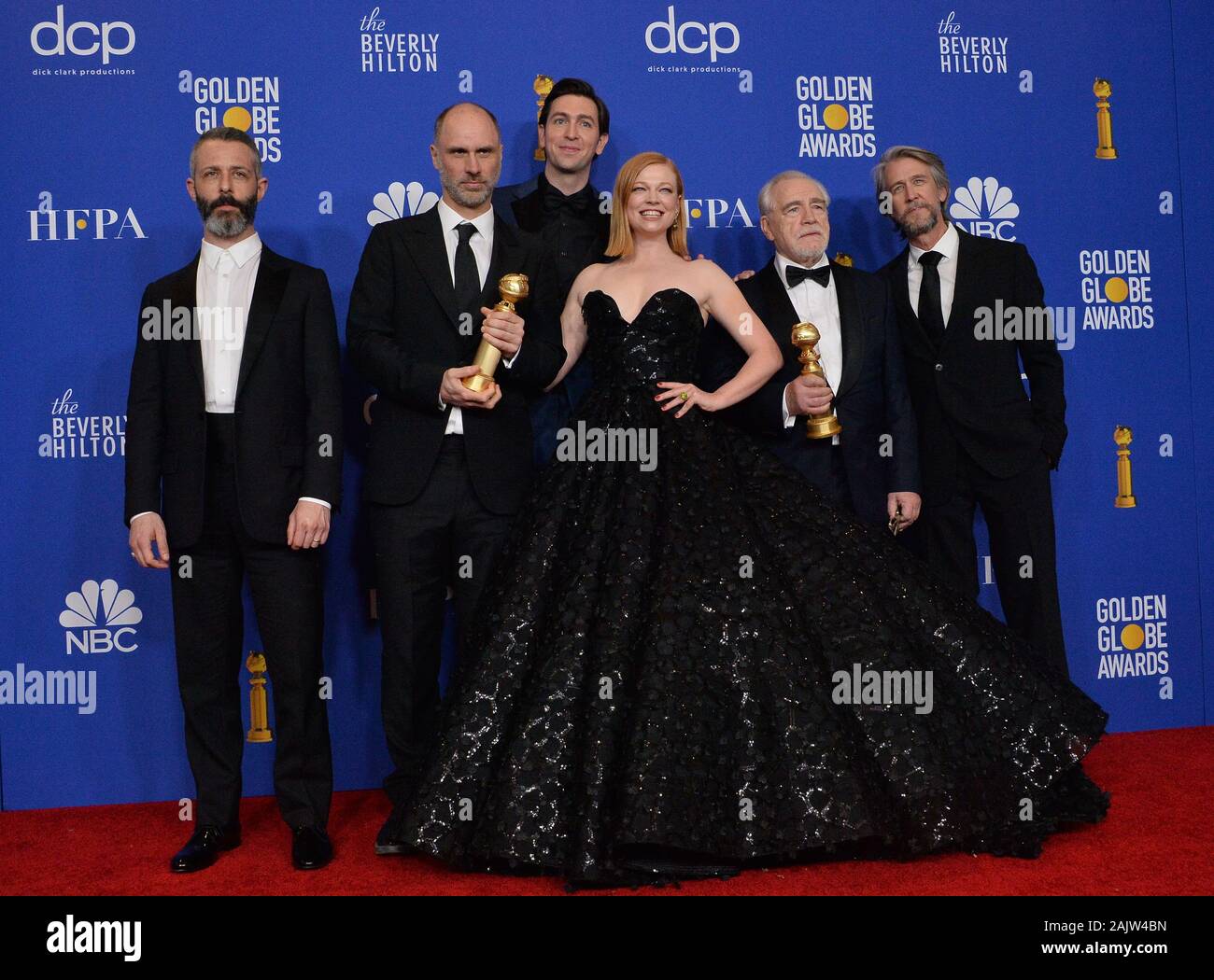 Beverly Hills, United States. 05th Jan, 2020. (L-R) Nicholas Braun, Jeremy Strong, Sarah Snook, Brian Cox, and Alan Ruck appear backstage during the 77th annual Golden Globe Awards, honoring the best in film and American television of 2020 at the Beverly Hilton Hotel in Beverly Hills, California on Sunday, January 5, 2020. Photo by Jim Ruymen/UPI Credit: UPI/Alamy Live News Stock Photo