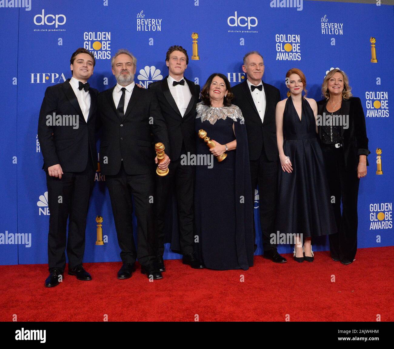 Beverly Hills, United States. 05th Jan, 2020. (l-r) Dean-Charles Chapman, Sam Mendes, George MacKay, Pippa Harris, and Krysty Wilson-Cairns (2R) appear backstage during the 77th annual Golden Globe Awards, honoring the best in film and American television of 2020 at the Beverly Hilton Hotel in Beverly Hills, California on Sunday, January 5, 2020. Photo by Jim Ruymen/UPI Credit: UPI/Alamy Live News Stock Photo