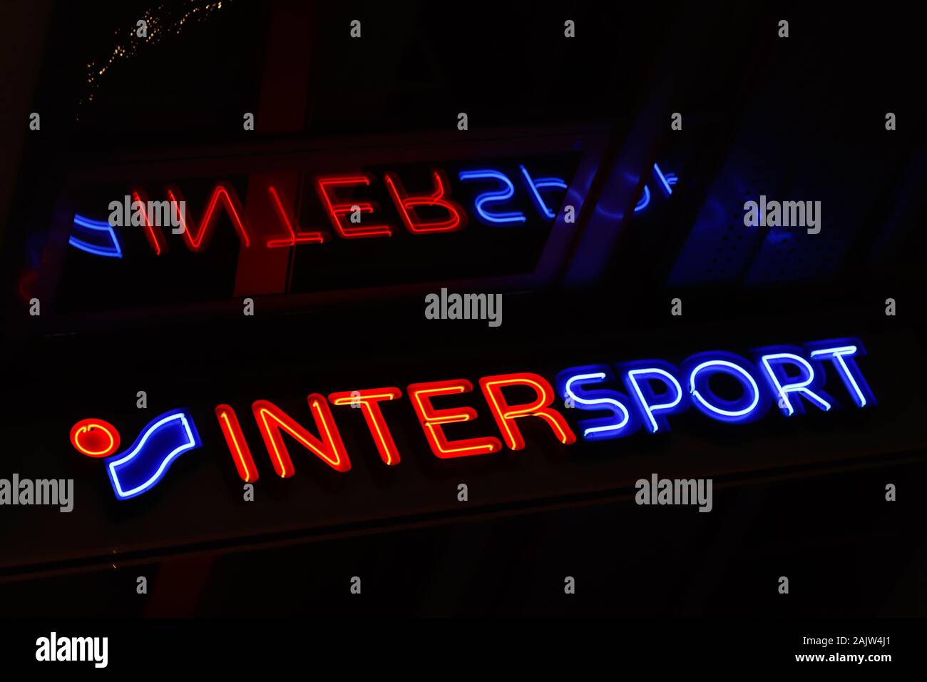 Stockholm, Sweden - January 3, 2020: Close-up view of the sports retail chain Intersport sign outside the Drottninggatan street store. Stock Photo
