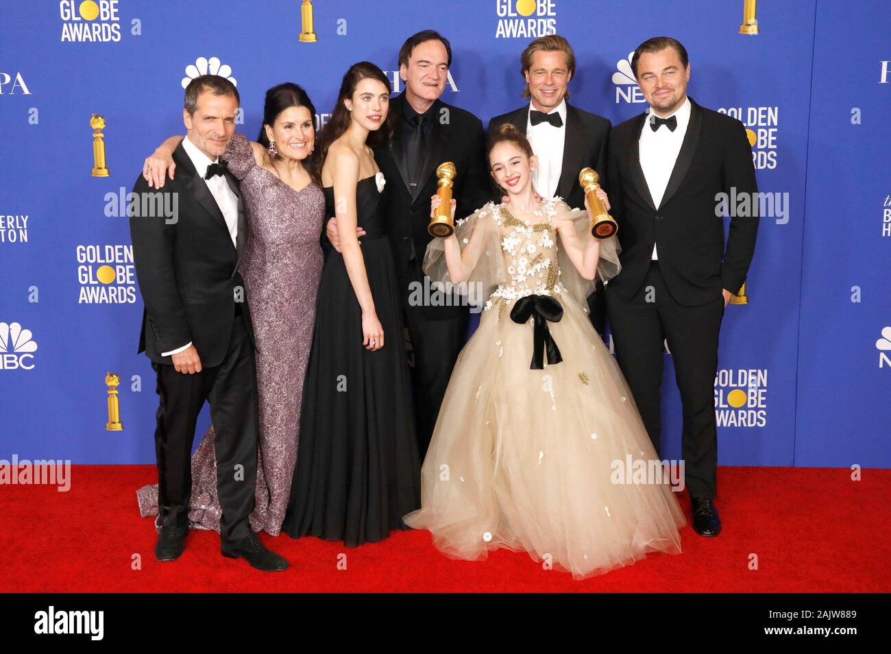 Beverly Hills, USA. 05th Jan, 2020. David Heyman, Shannon McIntosh, Margaret Qualley, Quentin Tarantino, Brad Pitt, Julia Butters and Leonardo DiCaprio, winners Best Motion Picture Musical or Comedy for 'Once Upon A Time In Hollywood' in the press room during the 77th Annual Golden Globe Awards at The Beverly Hilton Hotel on January 5, 2020 in Beverly Hills, California. Credit: Geisler-Fotopress GmbH/Alamy Live News Stock Photo