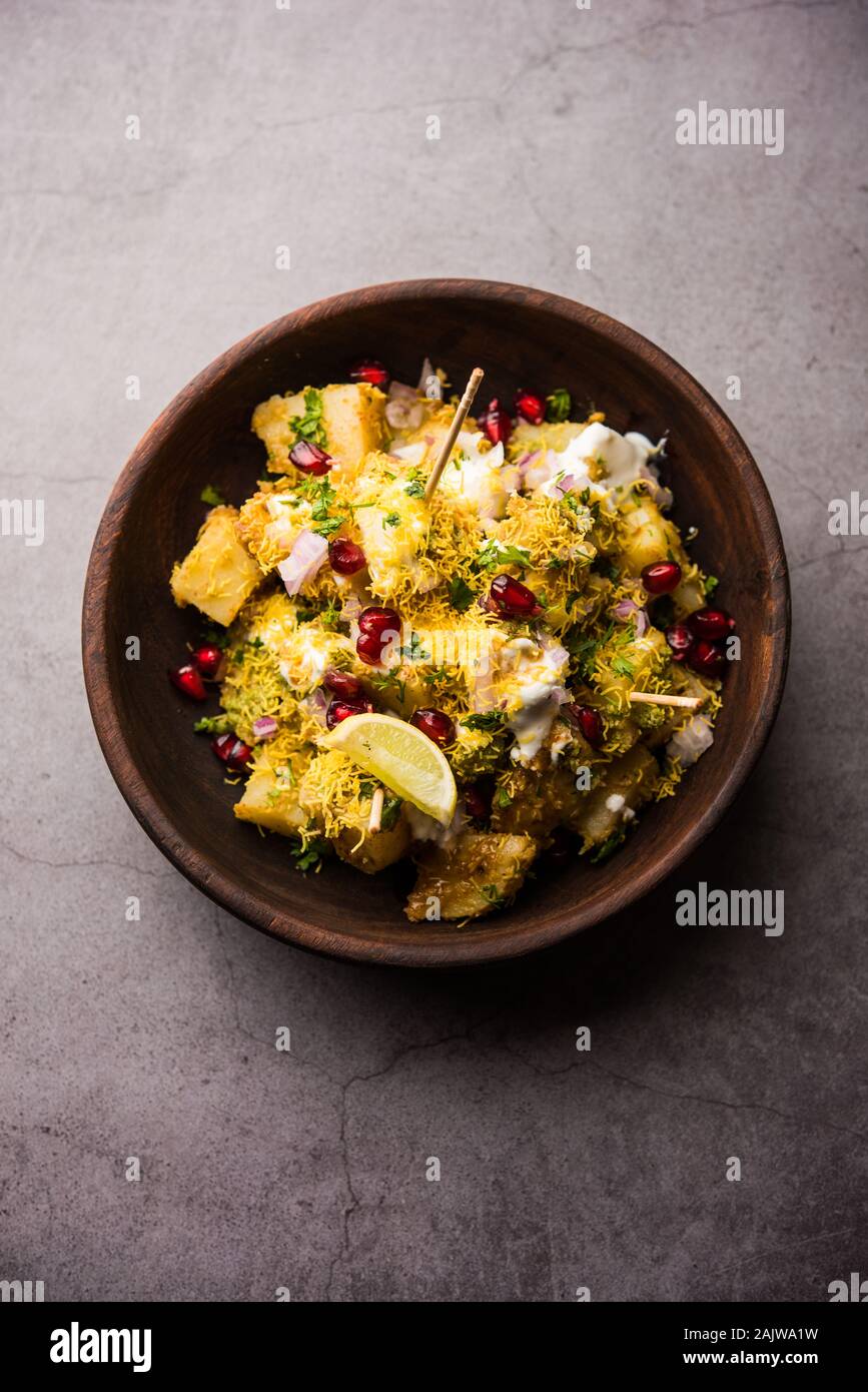 Aloo chaat or Alu chat is a popular street food originating from the Indian subcontinent, especially north India. it's an easy to make food recipe Stock Photo