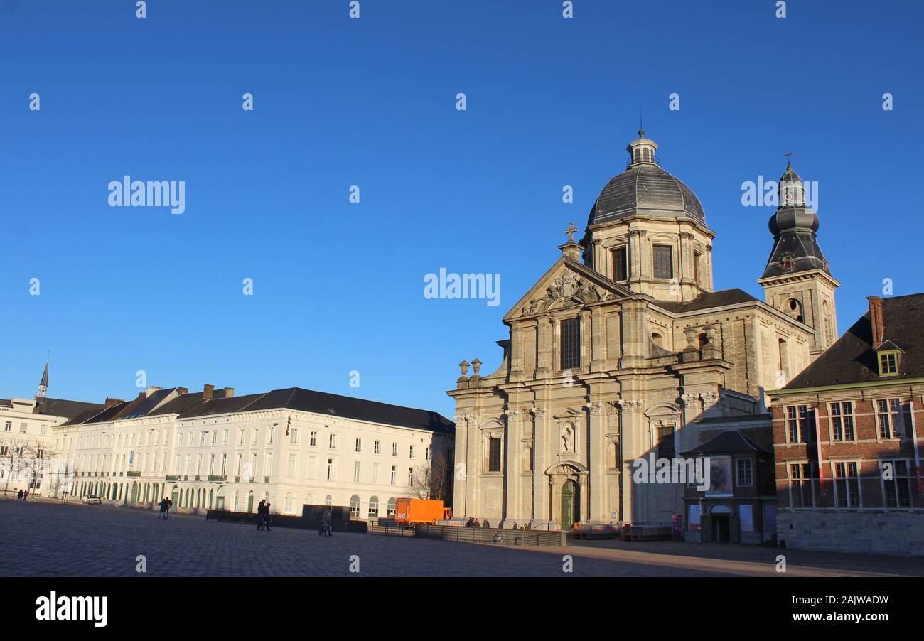 GHENT, BELGIUM, 30 DECEMBER 2019: View of our Lady of St Peters church and St Peters square, in Ghent. It is Ghent's largest public square Stock Photo