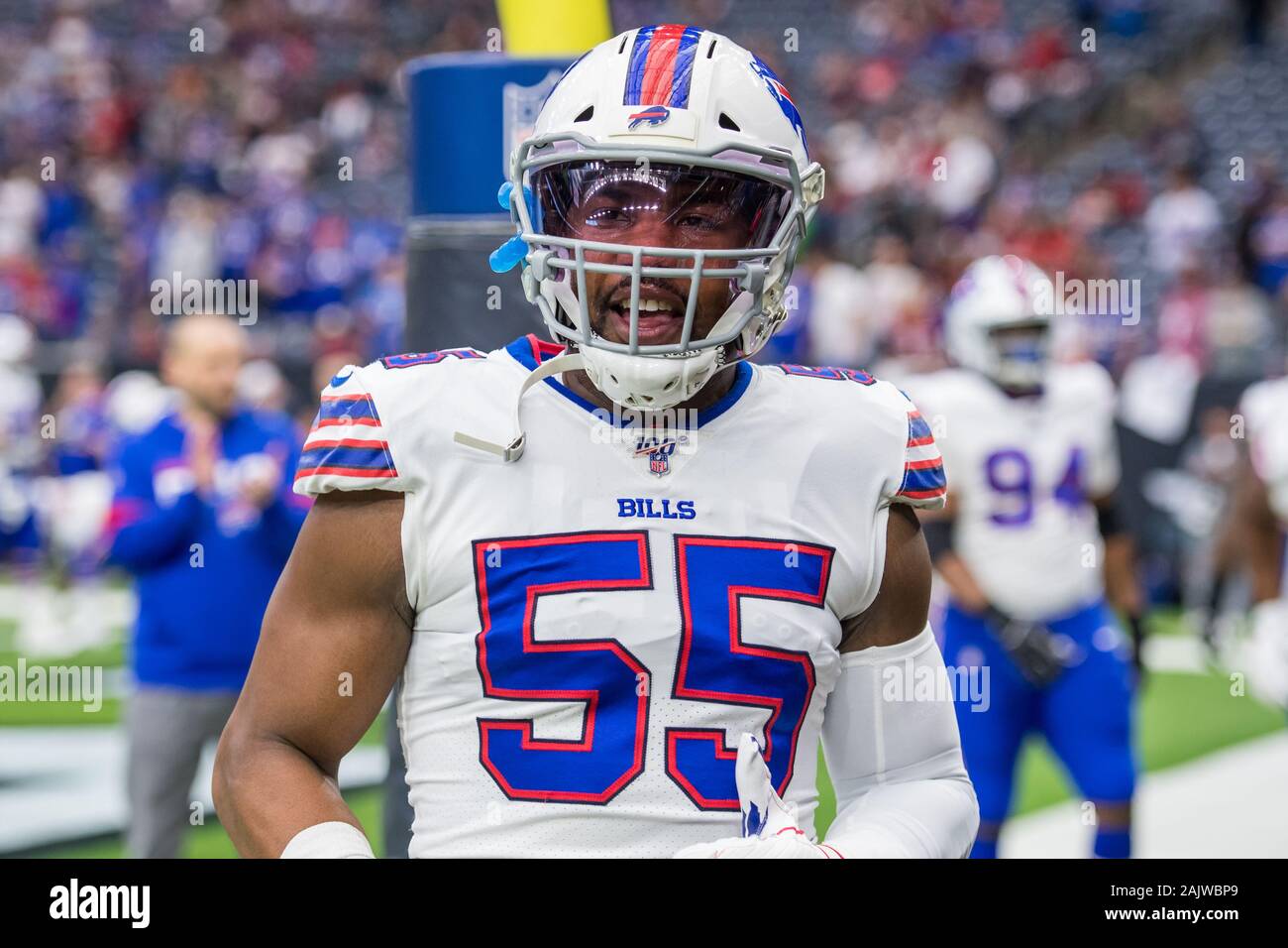 January 4, 2020: Buffalo Bills defensive end Jerry Hughes (55) prior to an  NFL football playoff game between the Buffalo Bills and the Houston Texans  at NRG Stadium in Houston, TX. The