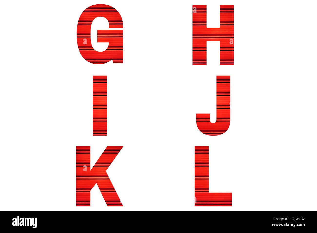 Red font Alphabet g,h,i,j,k,l made of red painted shutter or roller blind. Bright alphabet. Stock Photo