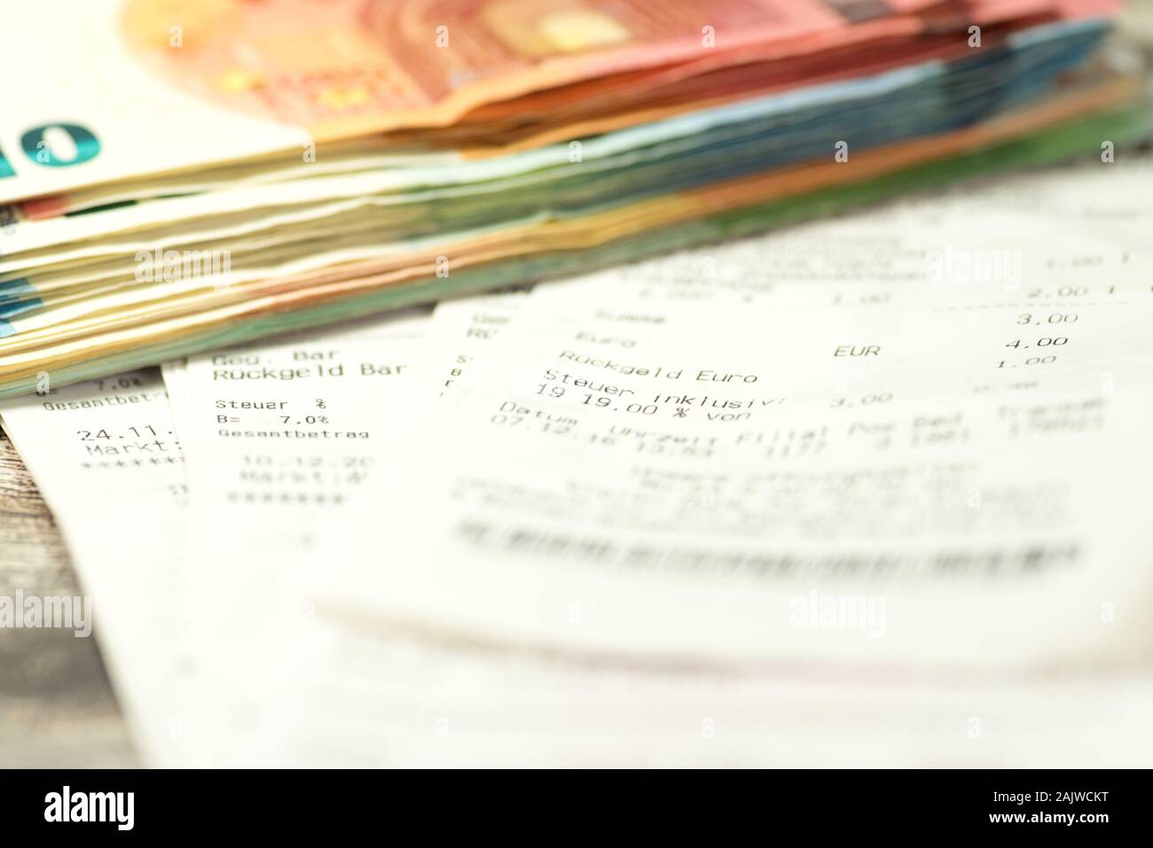 Close up of German receipt and euro banknotes Stock Photo