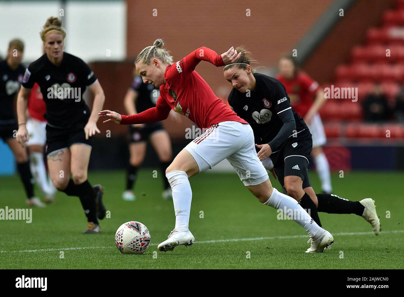Leigh, UK. 05th Jan, 2020. LEIGH, ENGLAND - JANUARY 5TH Leah Galton of Manchester United Women and Jasmine Matthews of Bristol City Women during the Barclays FA Women's Super League match between Manchester United and Bristol City at Leigh Sport Stadium, Leigh on Sunday 5th January 2020. (Credit: Eddie Garvey | MI News) Photograph may only be used for newspaper and/or magazine editorial purposes, license required for commercial use Credit: MI News & Sport /Alamy Live News Stock Photo