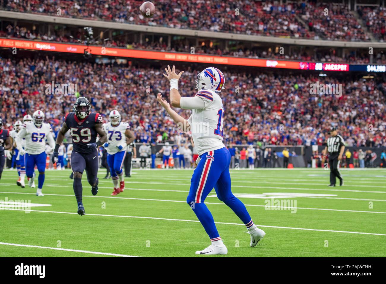 January 4, 2020: Buffalo Bills quarterback Josh Allen (17) makes a touchdown catch during the 1st quarter of an NFL football playoff game between the Buffalo Bills and the Houston Texans at NRG Stadium in Houston, TX. The Texans won 22 to 19 in overtime.Trask Smith/CSM Stock Photo