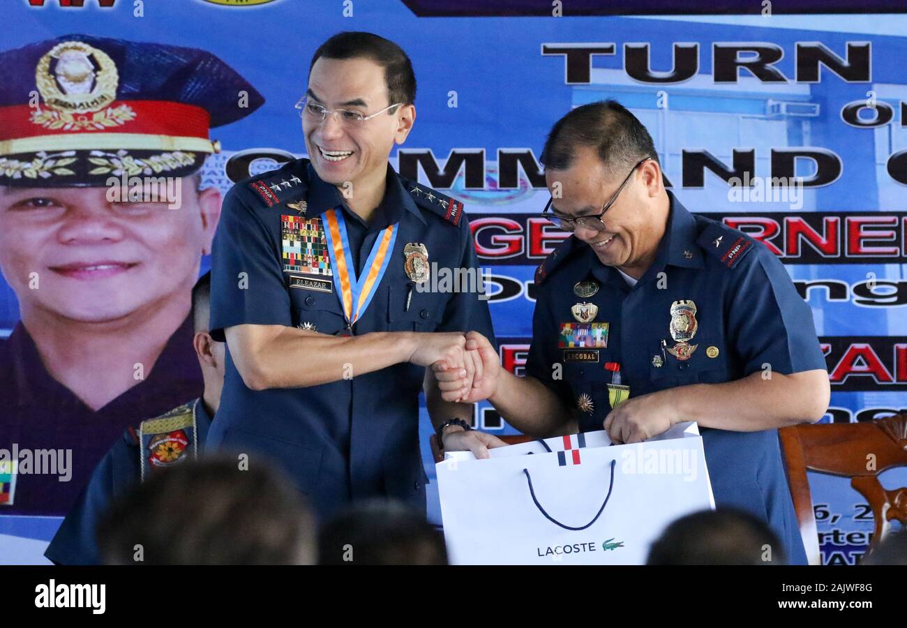 Pasay City, Philippines. 05th Jan, 2020. (L) PLTGEN GUILLERMO LORENZO T ELEAZAR The Chief of Directorial Staff during turn over of command of outgoing PNP (Philippine National Police) - AVSEGROUP (Aviation Security Group) Director (R) PBGEN ARNEL ESCOBAL PNP-AVSEGROUP Head Quarters, NAIA Complex. (*Photo by Herman R. Lumanog/Pacific Press) Credit: Pacific Press Agency/Alamy Live News Stock Photo