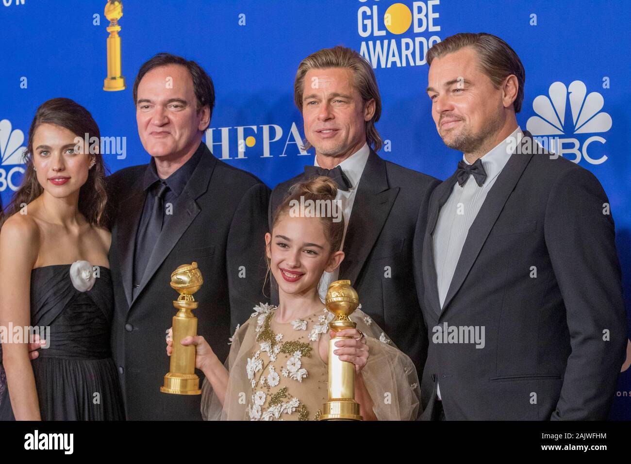 Los Angeles, California, USA. 05th Jan, 2020. Margaret Qualley (l-r), Quentin Tarantino, Brad Pitt, Julia Butters and Leonardo DiCaprio pose in the press room of the 77th Annual Golden Globe Awards, Golden Globes, at Hotel Beverly Hilton in Beverly Hills, Los Angeles, USA, on 05 January 2020. | usage worldwide Credit: dpa picture alliance/Alamy Live News Stock Photo