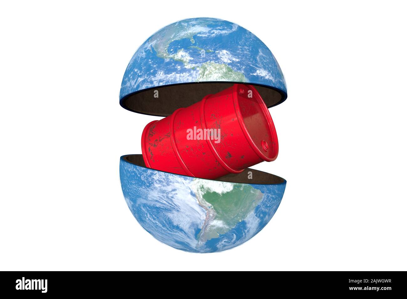3D illustration: Environmental concept: planet earth with a blue glow is divided into two halves with a red barrel inside with scuffs and rust. Stock Photo