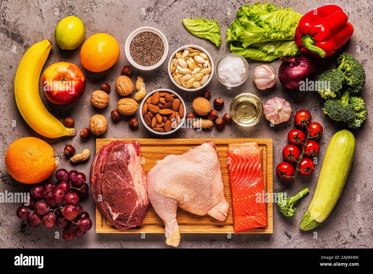A set of products for paleo, pegan and a whole 30 diets, top view. Stock Photo