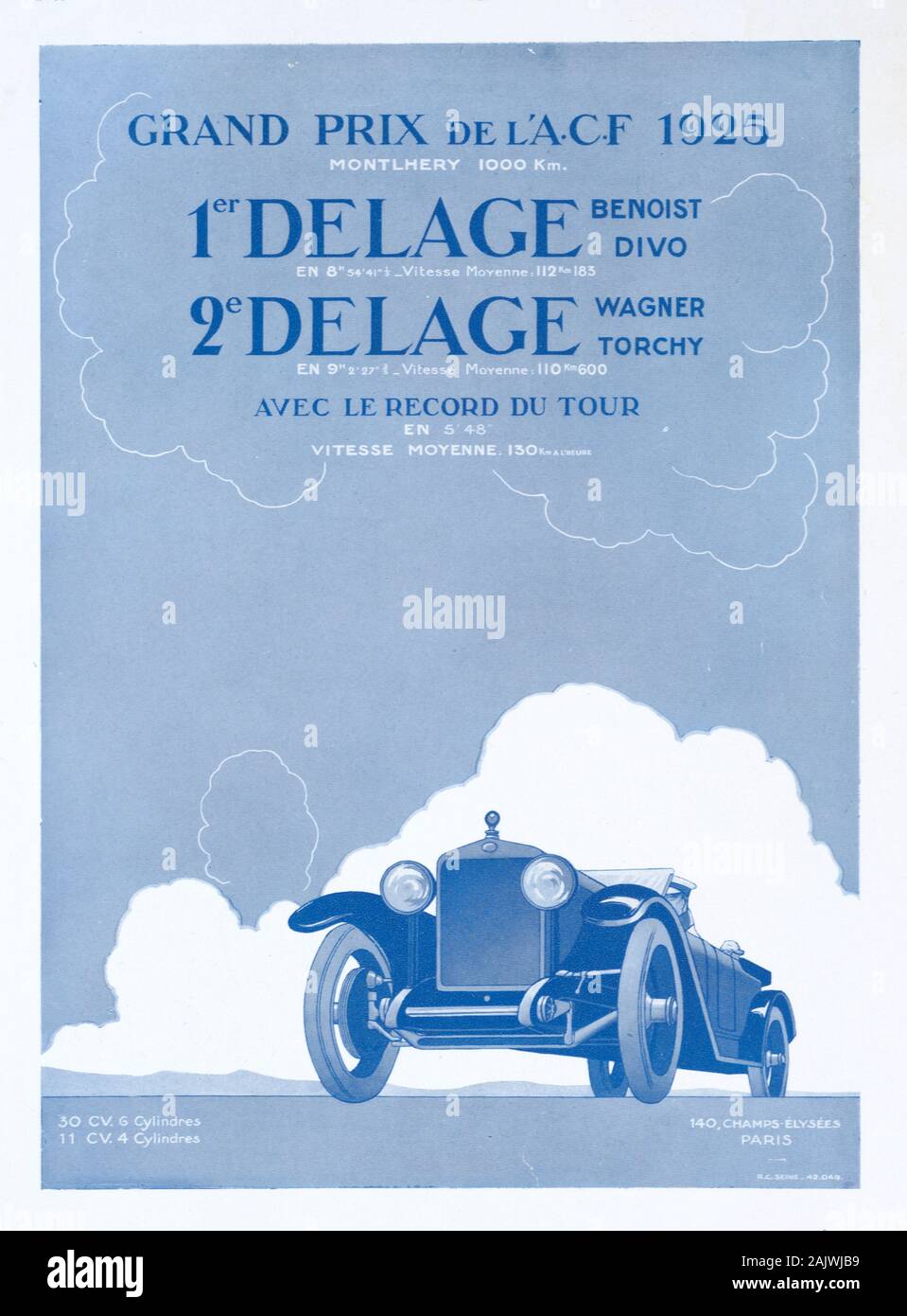 Old Advert, Vintage Advert or Publicity for the Luxury French Racing Car Delage 12-Cylinder 2-litre Type 2 LCV, which won the 1925 Grand Prix of  Montlhéry near Paris France. Advert from 1926 Stock Photo