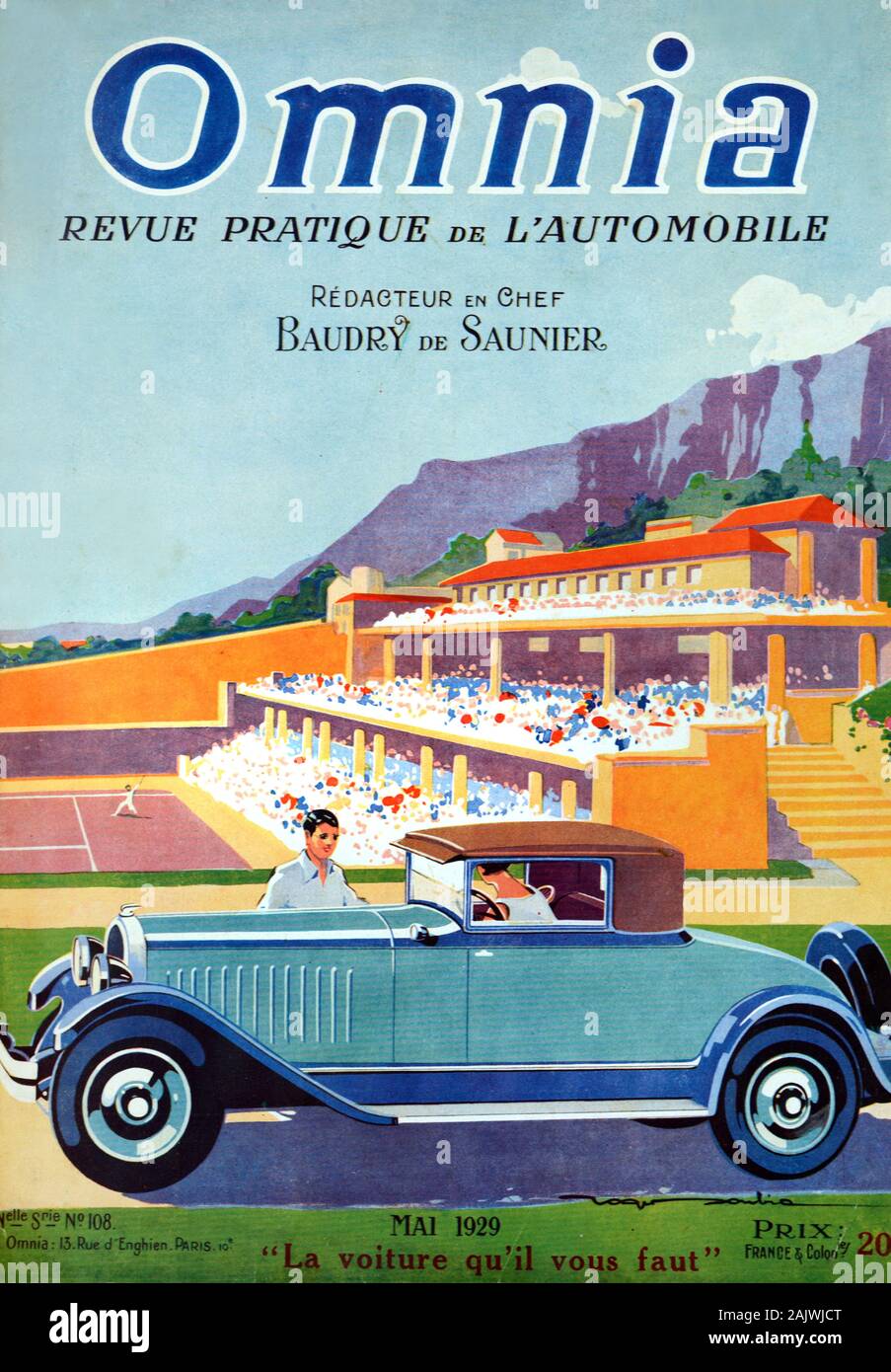 Vintage Car Citroën Type C4 (1928) Coupé or Coupe in front of the Monte Carlo Country Club and Tennis Courts, founded in 1928. Front Cover of Early French Motoring Magazine Omnia May 1929. Stock Photo