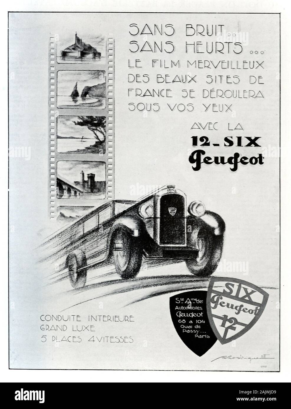 Old Advert, Vintage Advert or Publicity for the French Peugeöt Type 183 12-Six Car.  Advert 1929. Car Available 1928-1932. Stock Photo