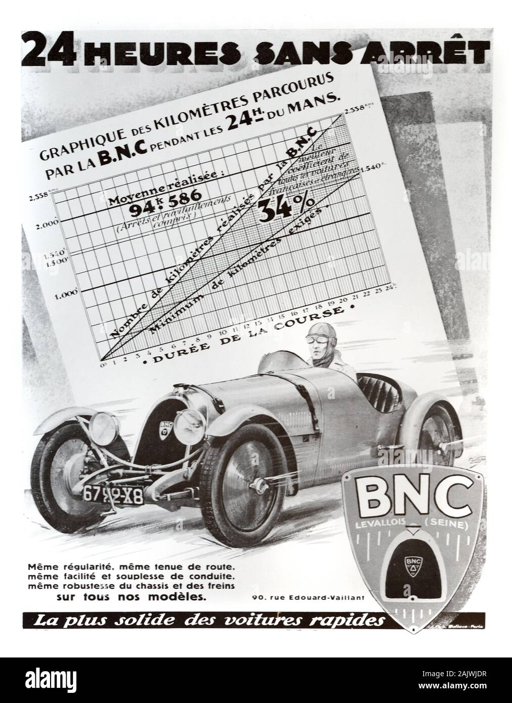 Vintage Advert, Old Advert or Publicity for Bollack Netter and Co or B.N.C Racing Car on the Circuit of 24 Hours of Le Mans Racing Track in 1928. Advert dated 1929 Stock Photo