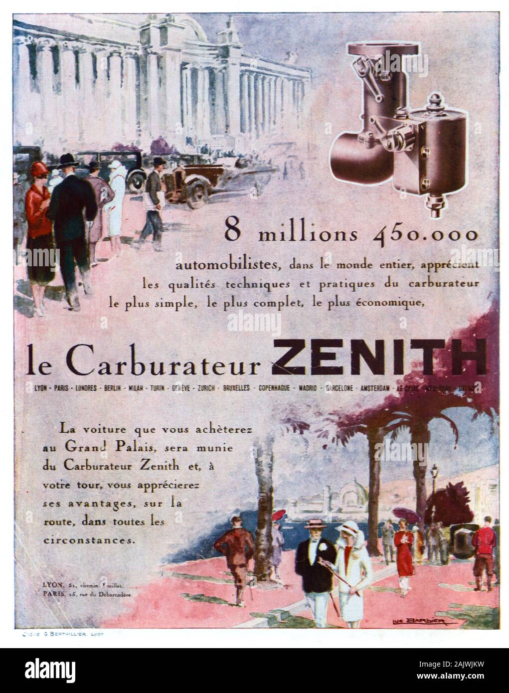 Old Advert for Zenith Carburetor Set in Belle Epoque Era in Nice France with the Promenade des Anglais, the Pier Jetty, and Art Deco Facade of the Palais de la Mediterranée or Casino Hotel, Alpes-Maritimes, Côte-d'Azur or French Riviera France. Advert 1927 Stock Photo