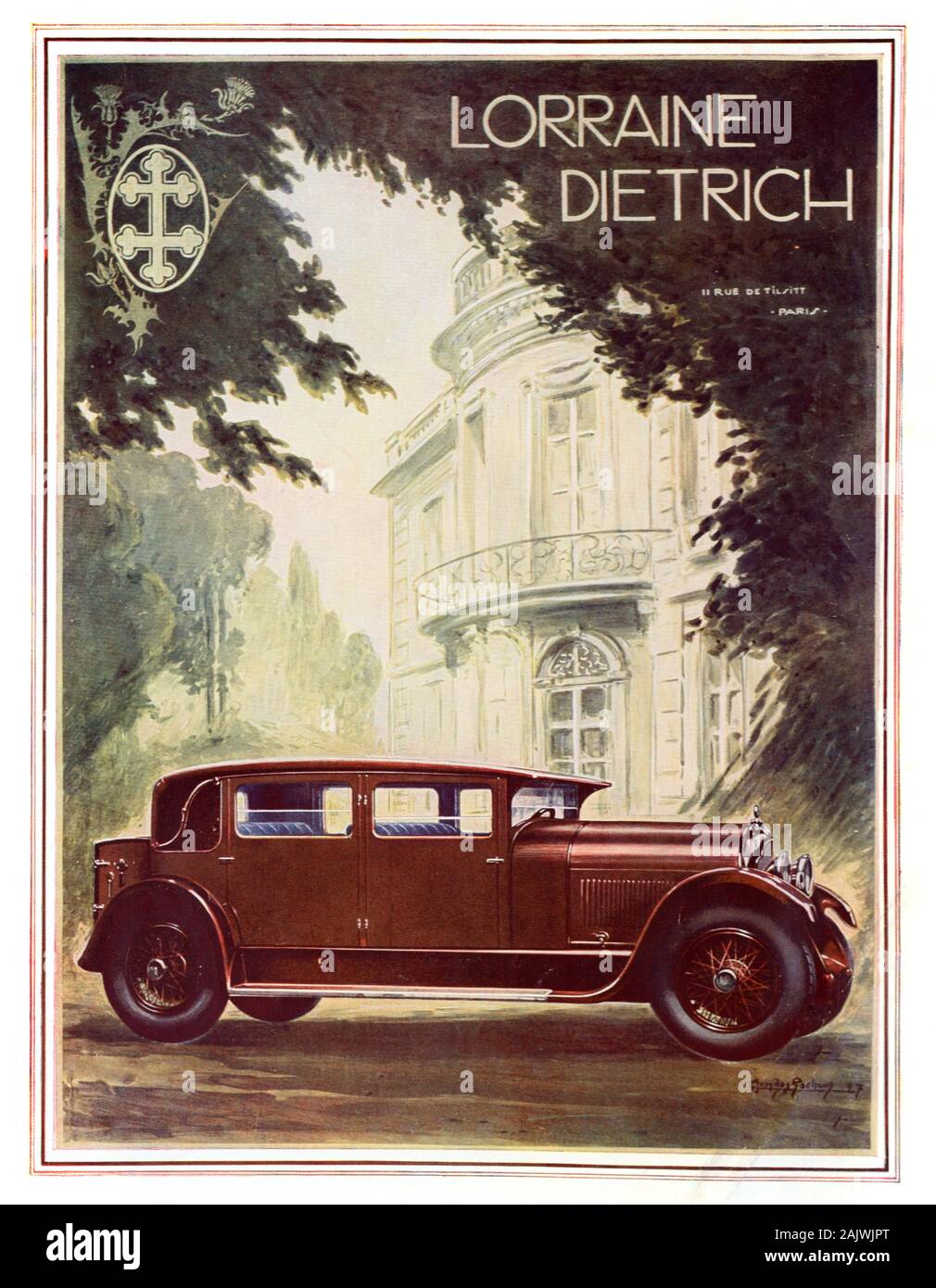 Old Advert, Vintage Advert, Advertisement or Publicity for French Luxury Car Lorraine-Dietrich Outside the Villa Rothschild Mansion (built in 1881) in Cannes Côte-d'Azur or French Riviera France. Advert 1927 Stock Photo