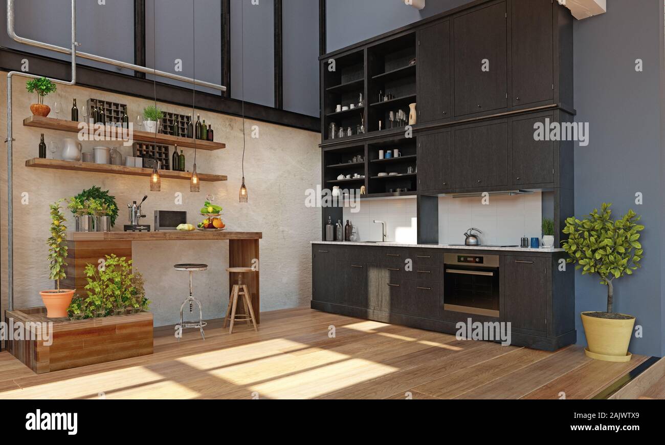 modern domestic kitchen interior. 3d rendering design concept Stock