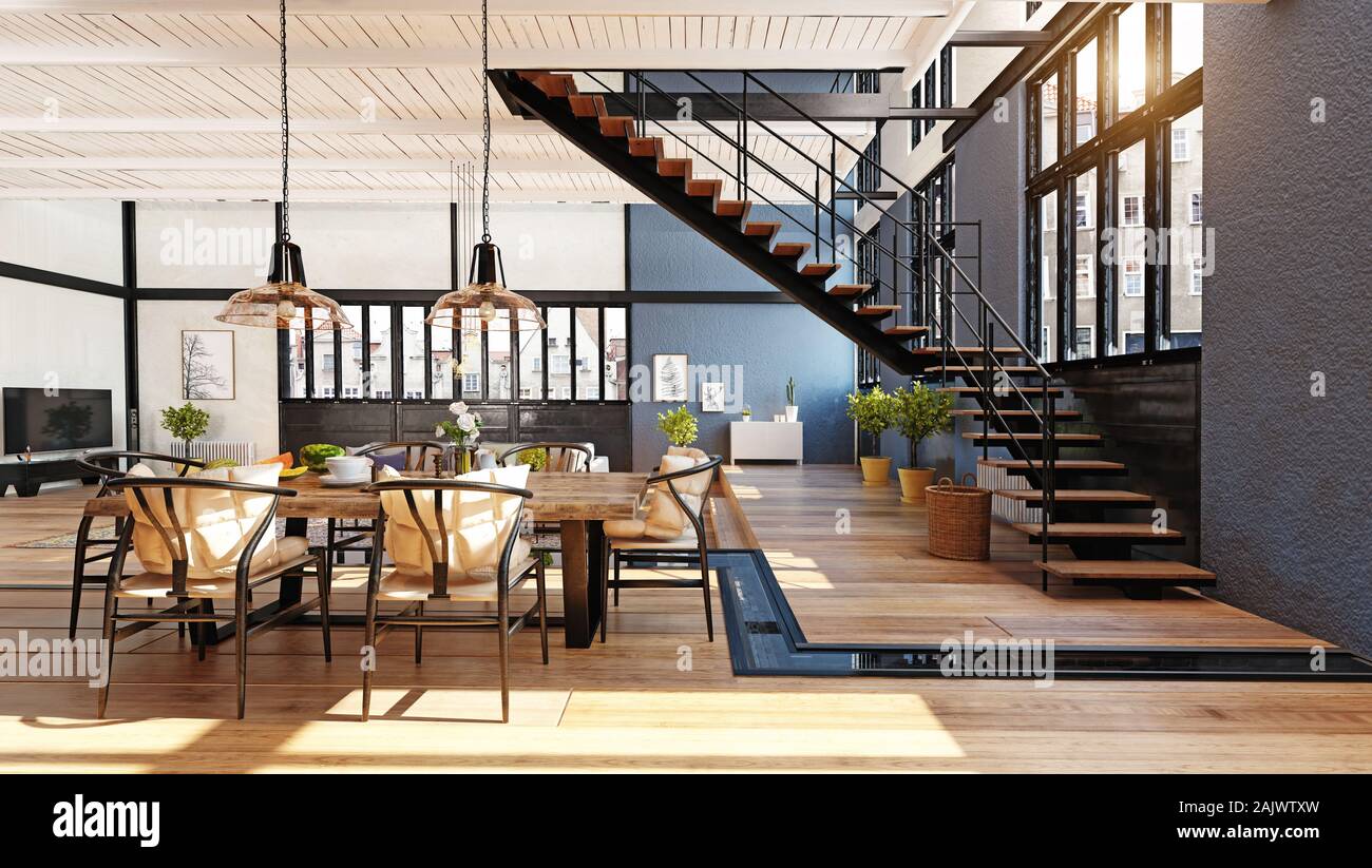 modern domestic dining room interior. 3d rendering design concept Stock ...