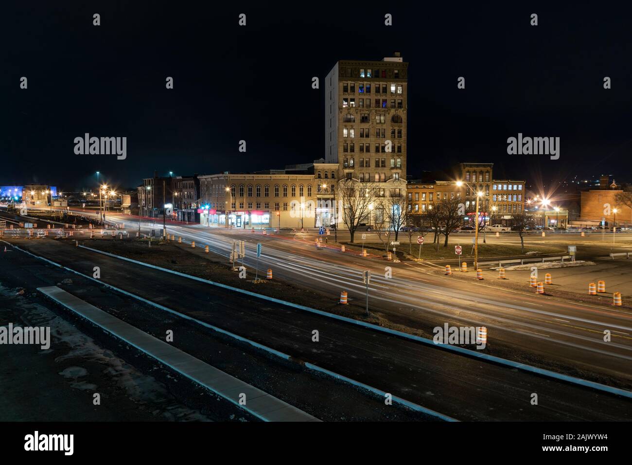 Arial view of Downtown Utica Streets and Cars Traillights. Stock Photo