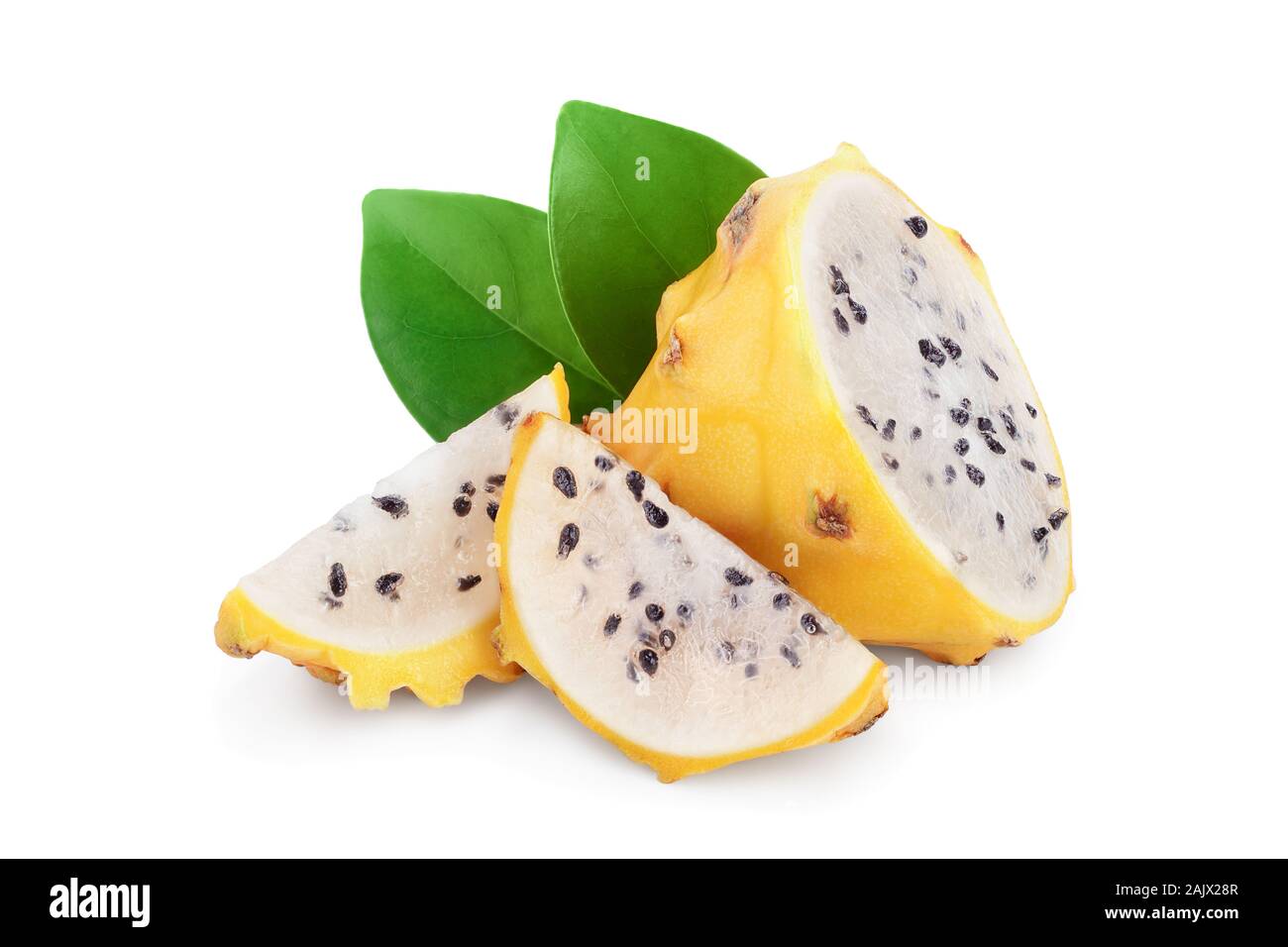 Ripe Dragon fruit, Pitaya or Pitahaya yellow isolated on white background, fruit healthy concept Stock Photo