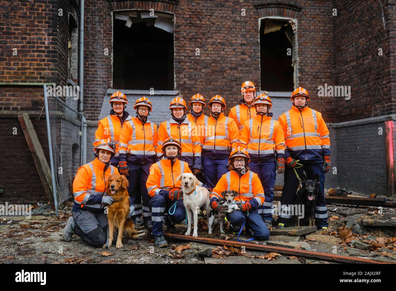 Herne, North Rhine-Westphalia, Germany - Rescue dog training, in empty houses the dog handlers practice with their tracking dogs the search for injure Stock Photo