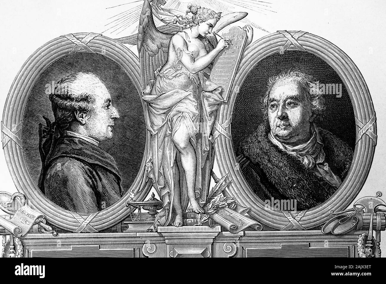 Left: Pierre-Augustin Caron de Beaumarchais, musician, diplomatic, writer, author. 1732-1799. Right: Jean-Francois Ducis, dramatist. 1733-1816. Antiqu Stock Photo