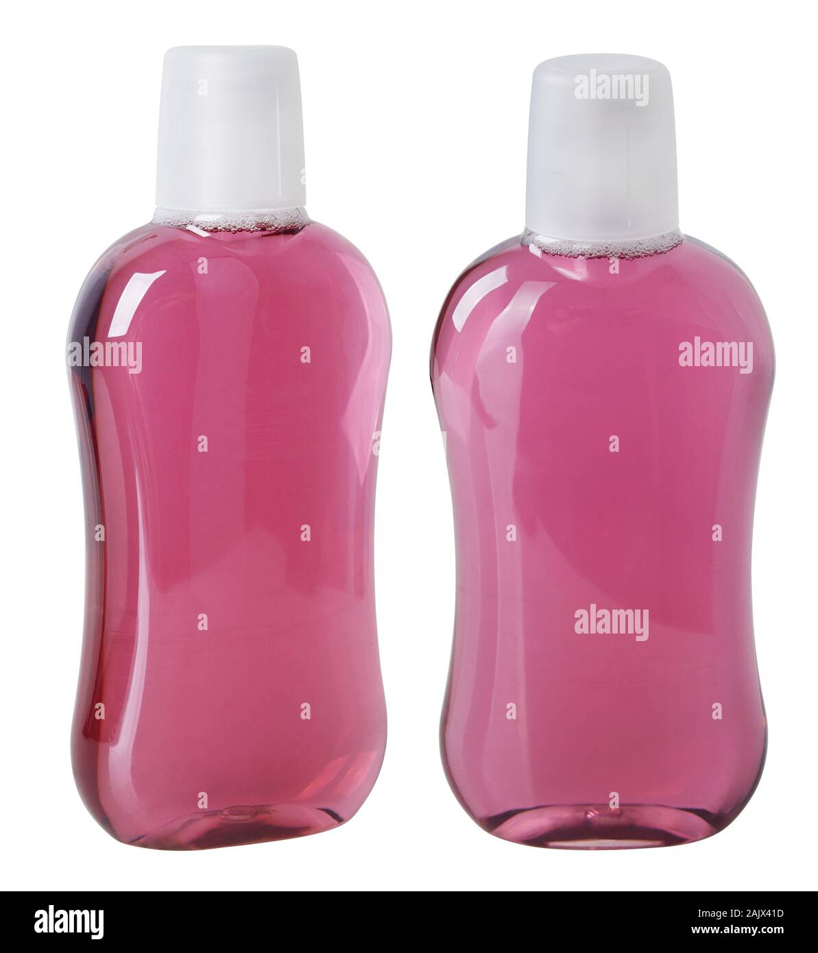 Lagre plastic bottle with pink mouthwash for teeth care isolated on