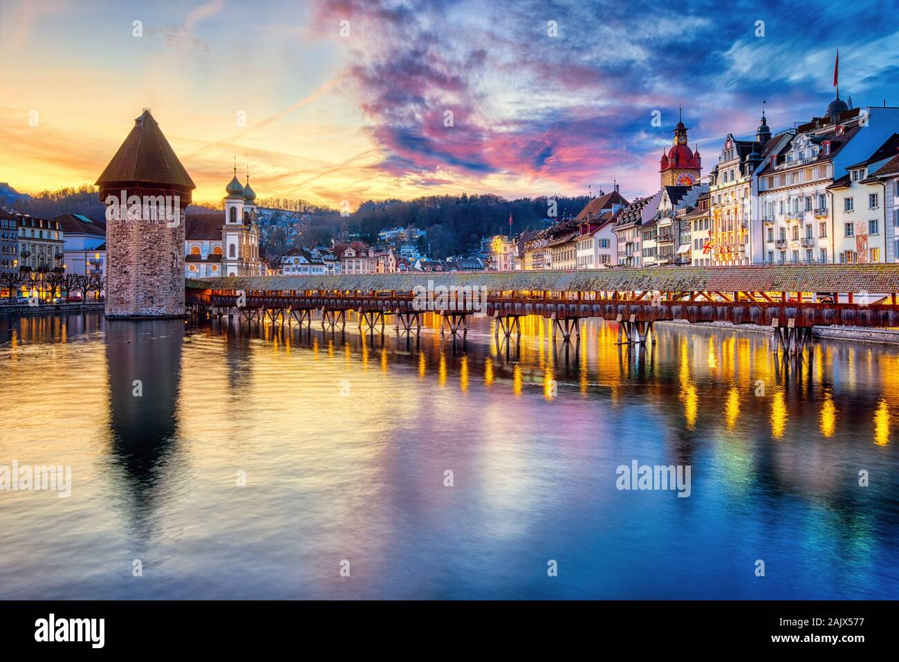 Historical Old town of Lucerne, Switzerland, in dramatic sunset light Stock Photo