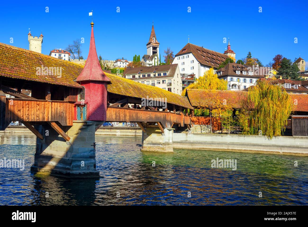 Lucerne city, view of historical wooden Spreuer bridge and the towers of medieval Old town walls, Switzerland Stock Photo