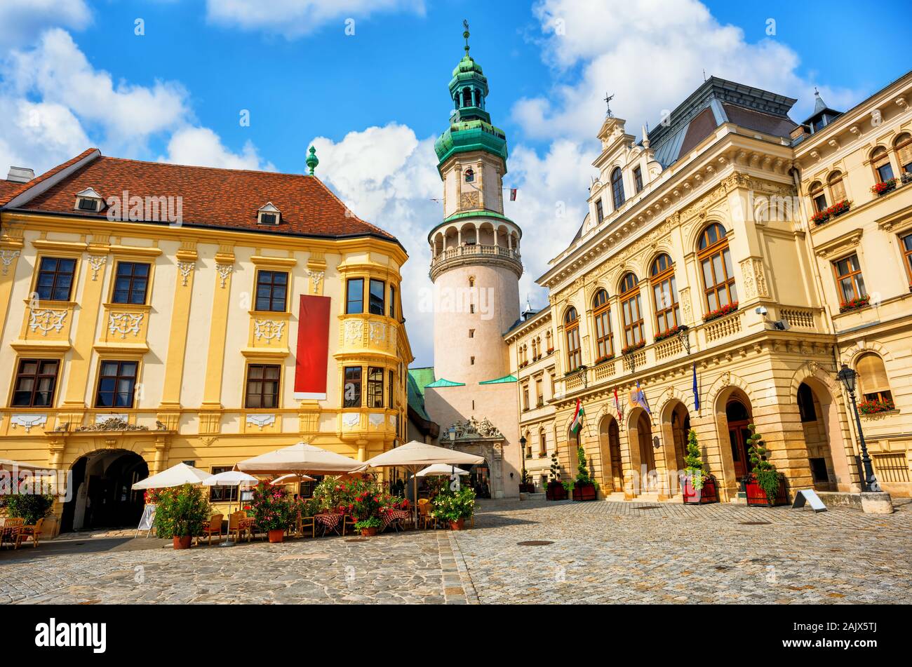 Sopron Old town, Hungary, the historical city center, view of the Firewatch  tower and Town Hall Stock Photo - Alamy