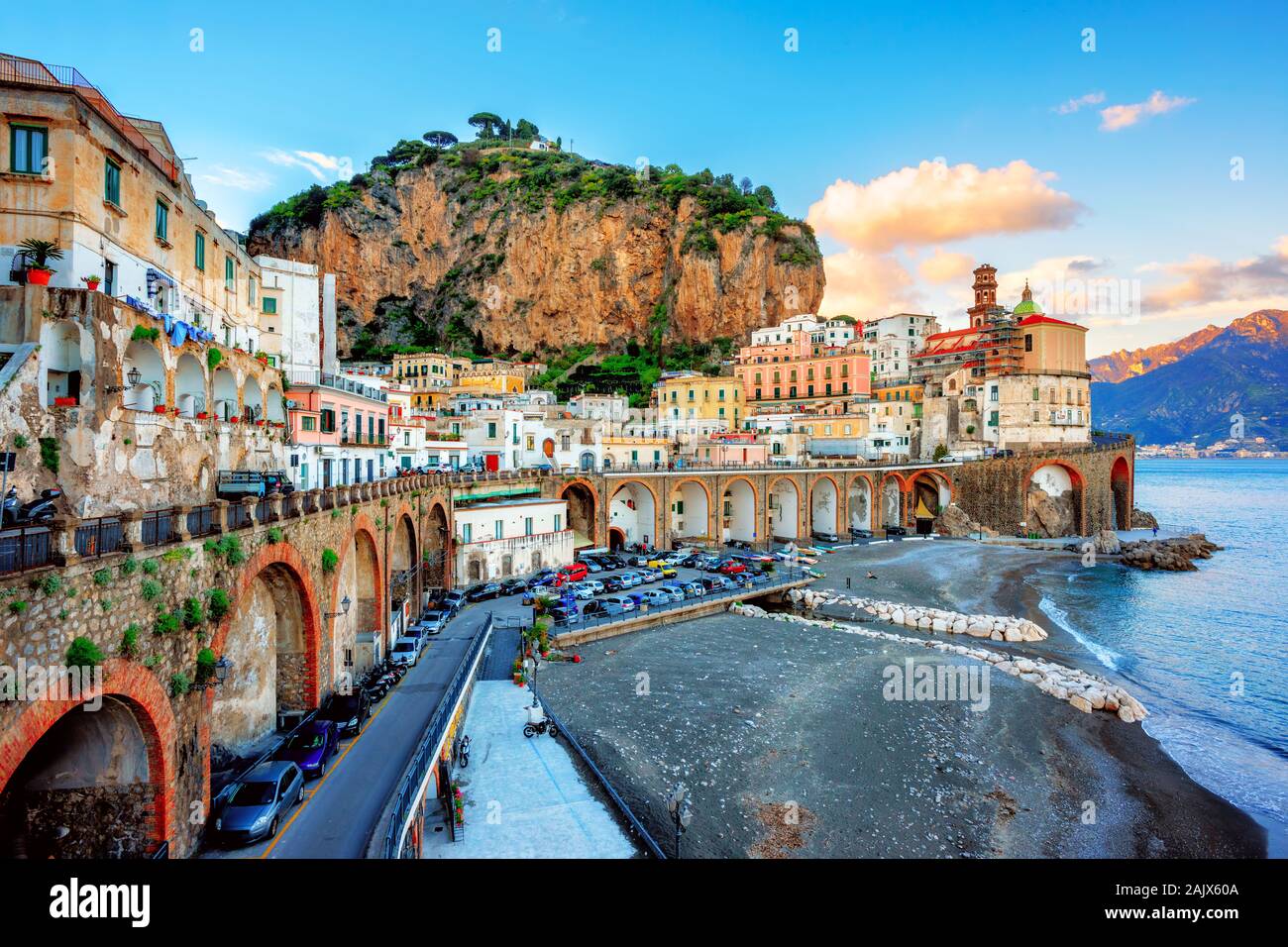 Atrani Old town and beach on Amalfi coast, Naples, Italy in sunset light Stock Photo