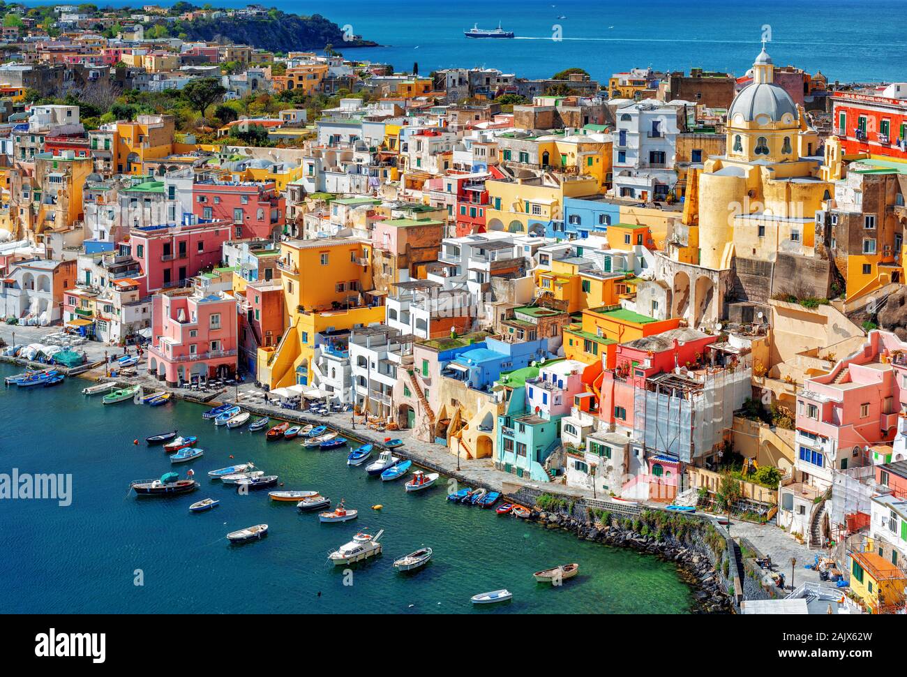 Colorful traditional houses in the Old town port of Procida island, Naples, Italy Stock Photo