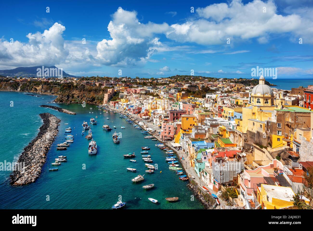 Picturesque fishermen village and port on Procida island in Mediterranean sea, Naples, Italy Stock Photo
