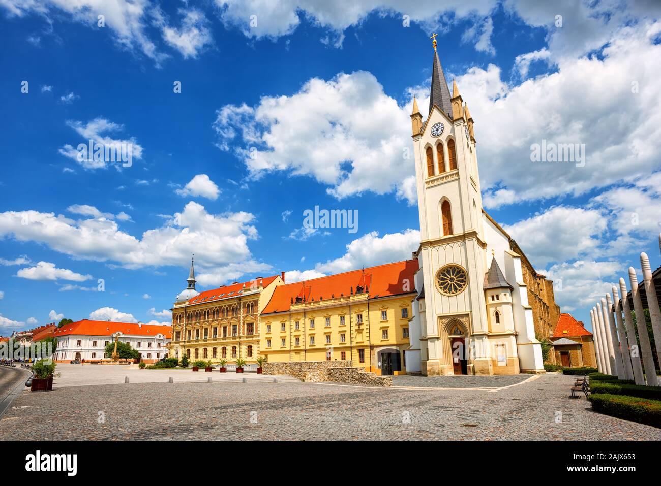 Historical Keszthely Old town, Hungary, central square and the Our Lady of Hungary church Stock Photo