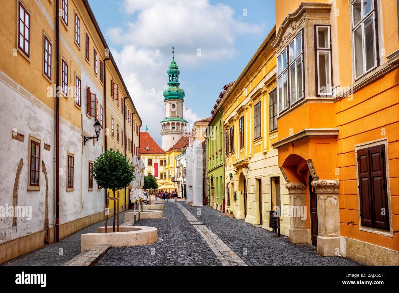 Colorful houses on a street in the medieval historical Old town of Sopron city, Hungary Stock Photo