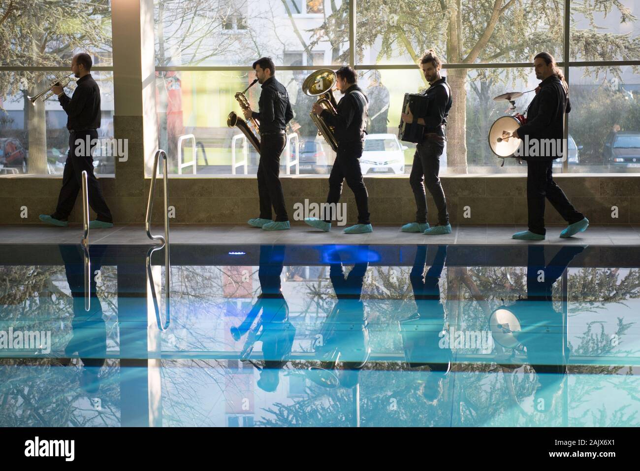 Berlin Germany 06th Jan 2020 A Brass Band Plays Music At The Opening Of The Renovated Buch Indoor Swimming Pool The Construction Time Was 22 Months And 6 5 Million Euros Were Invested