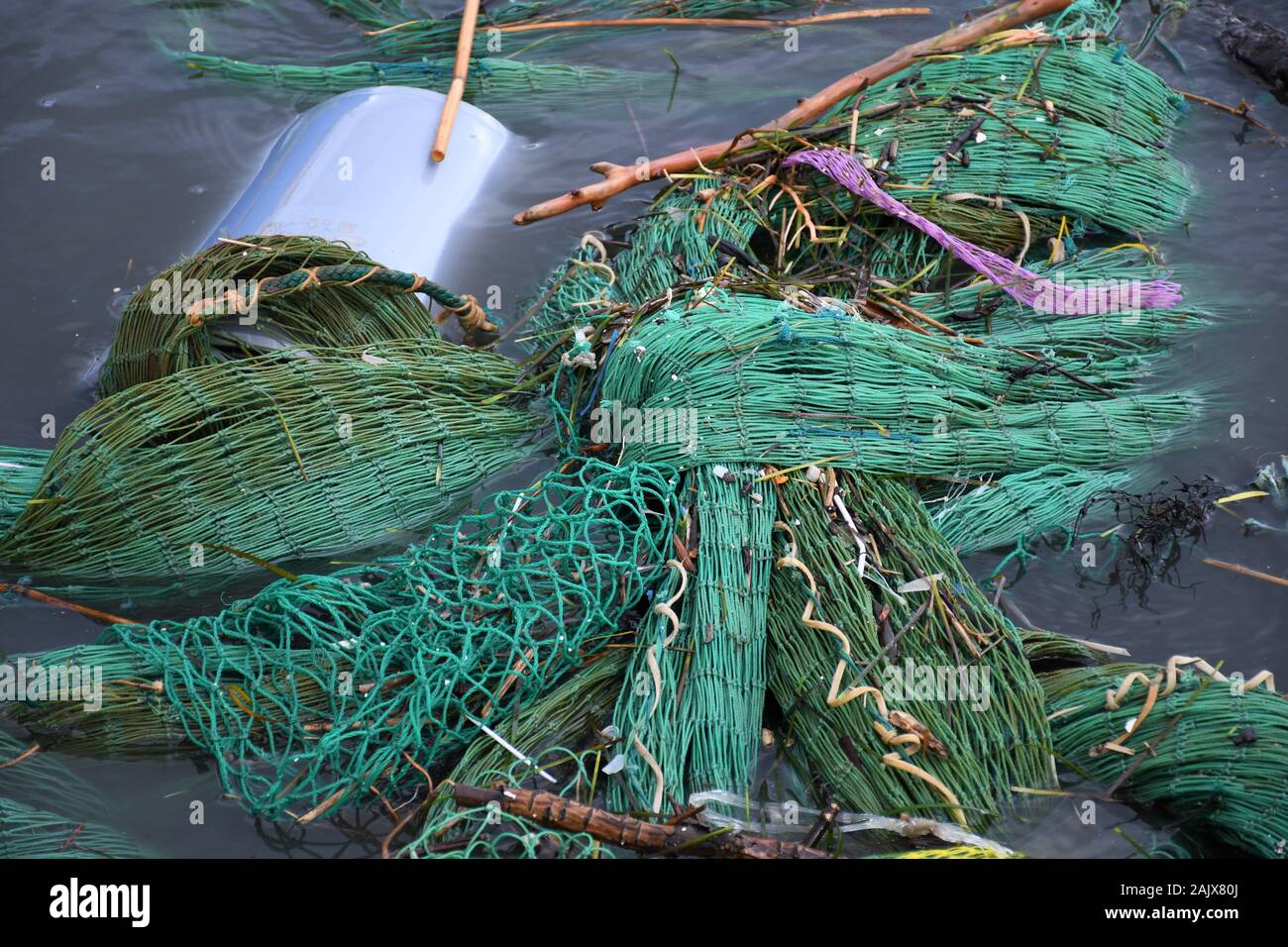 Plastic and microplastic waste and garbage floating in the water with fishing  net. Ocean and sea plastic pollution Stock Photo - Alamy