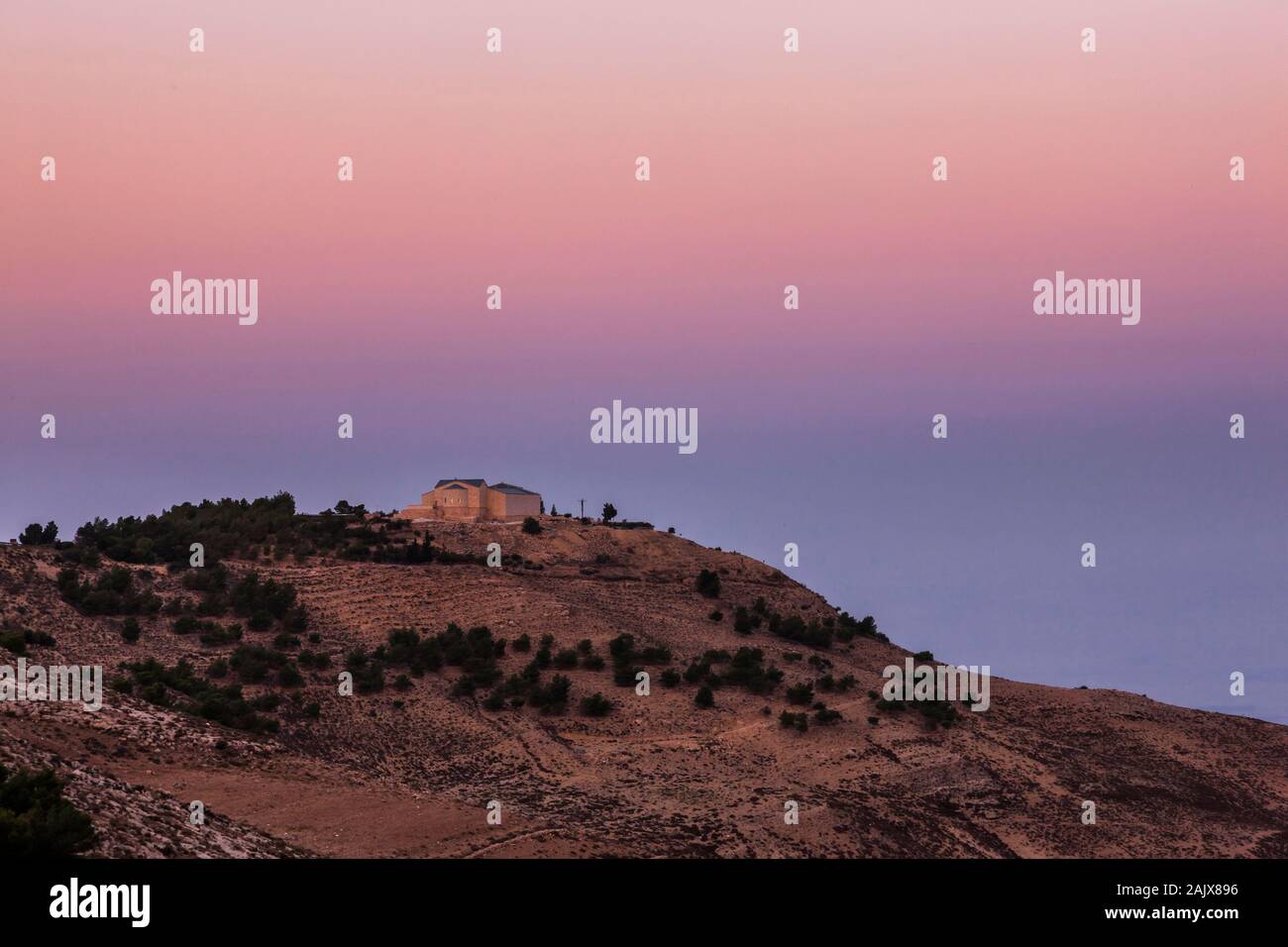 Mount Nebo, Moses Memorial Church near Madaba, at dawn,  Madaba, Jordan, middle east, Asia Stock Photo