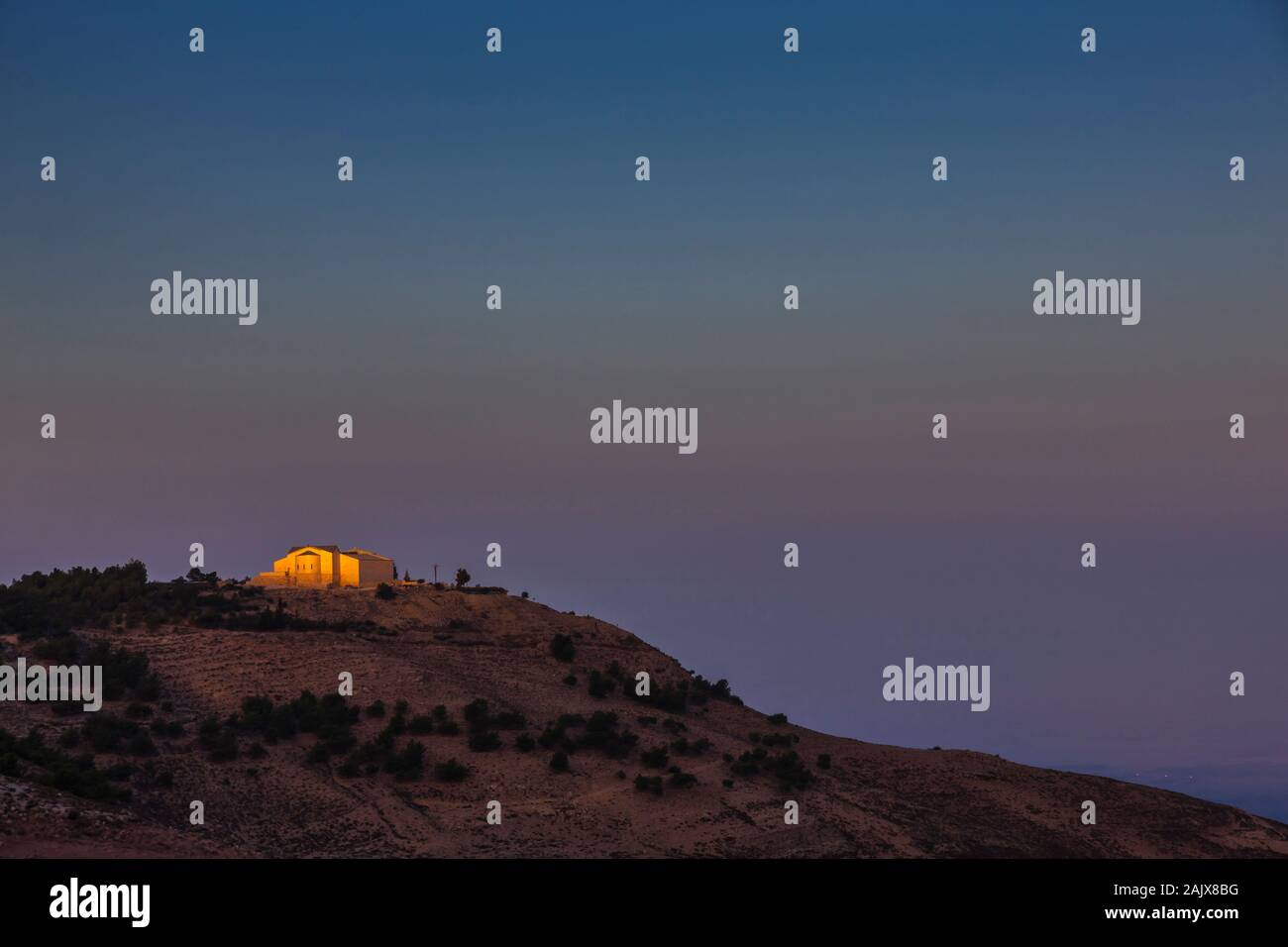 Mount Nebo, Moses Memorial Church near Madaba, at dawn,  Madaba, Jordan, middle east, Asia Stock Photo