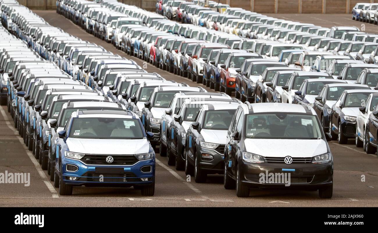 Thousands of new cars lined-up at a compound near Sheerness in Kent. New car sales sunk to a six-year low in 2019 due to low consumer confidence and uncertainty over the treatment of diesel vehicles, the automotive industry has said. Stock Photo