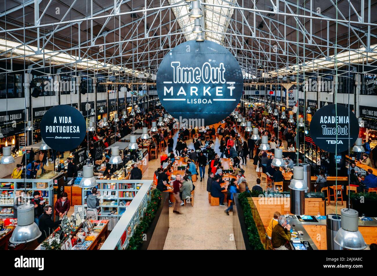 Lisbon, Portugal - Jan 3, 2020: Time Out Market is a food hall located in Mercado da Ribeira at Cais do Sodre in Lisbon and is a major touristic attra Stock Photo
