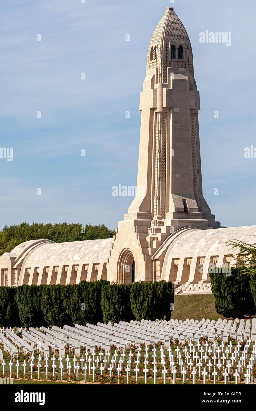 The mass grave monument to French and German soldiers lost during the battle for Verdun, First World War, 1916, with the French cemetery for Muslims. Stock Photo