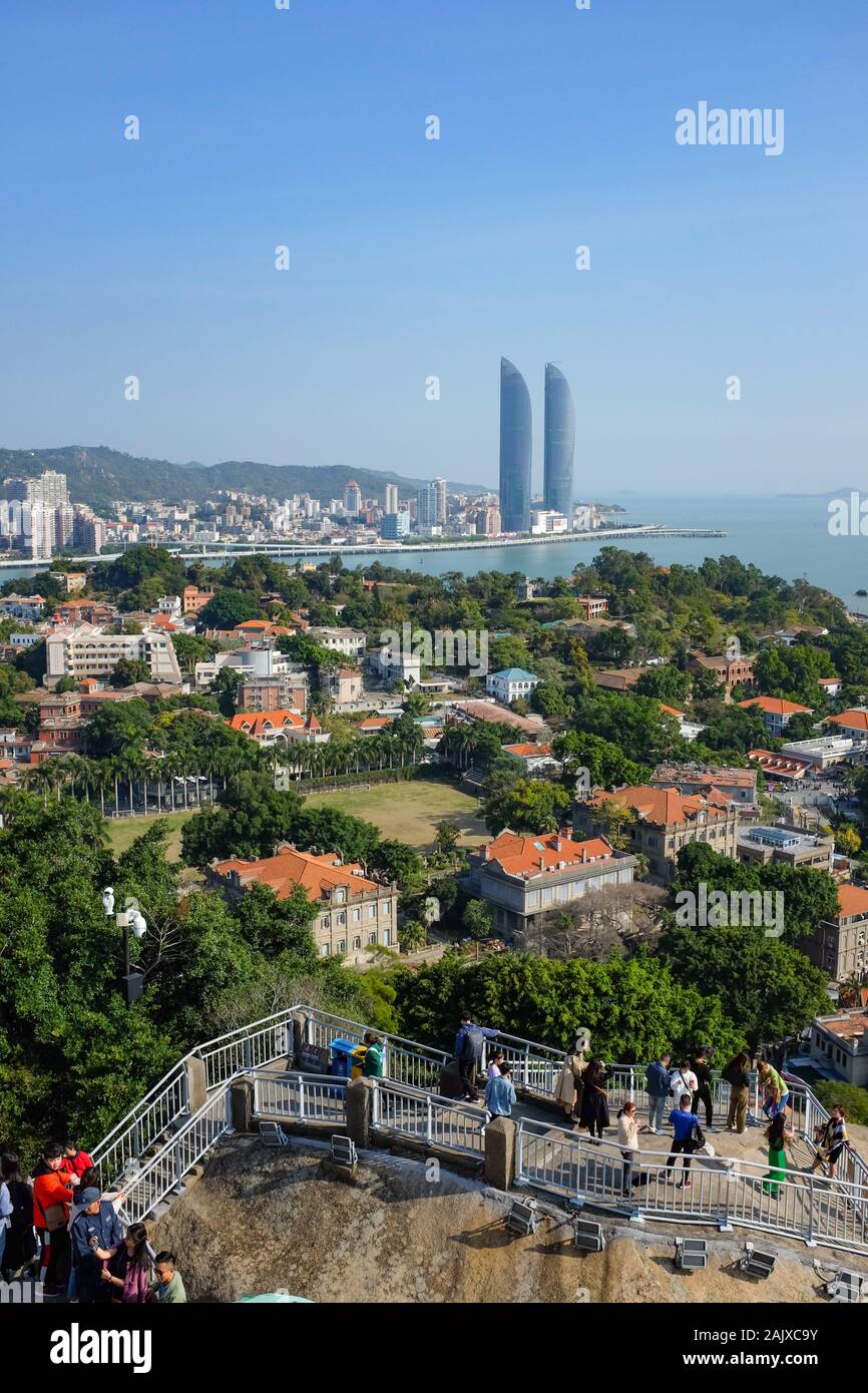 The view from Sunlight Rock on Gulangyu i Xiamen (Amoy), China. The two tall buildings are the Shimao Straits Towers. Stock Photo