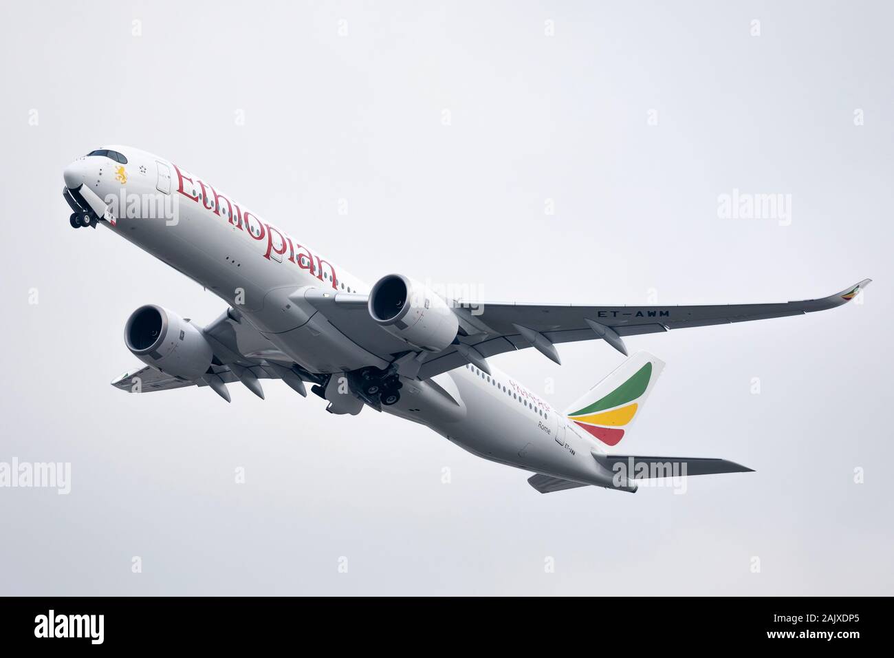 Ethiopian Airlines Airbus A350 registration ET-AWM taking off on December 29th 2019 at Heathrow Airport, Middlesex, UK Stock Photo