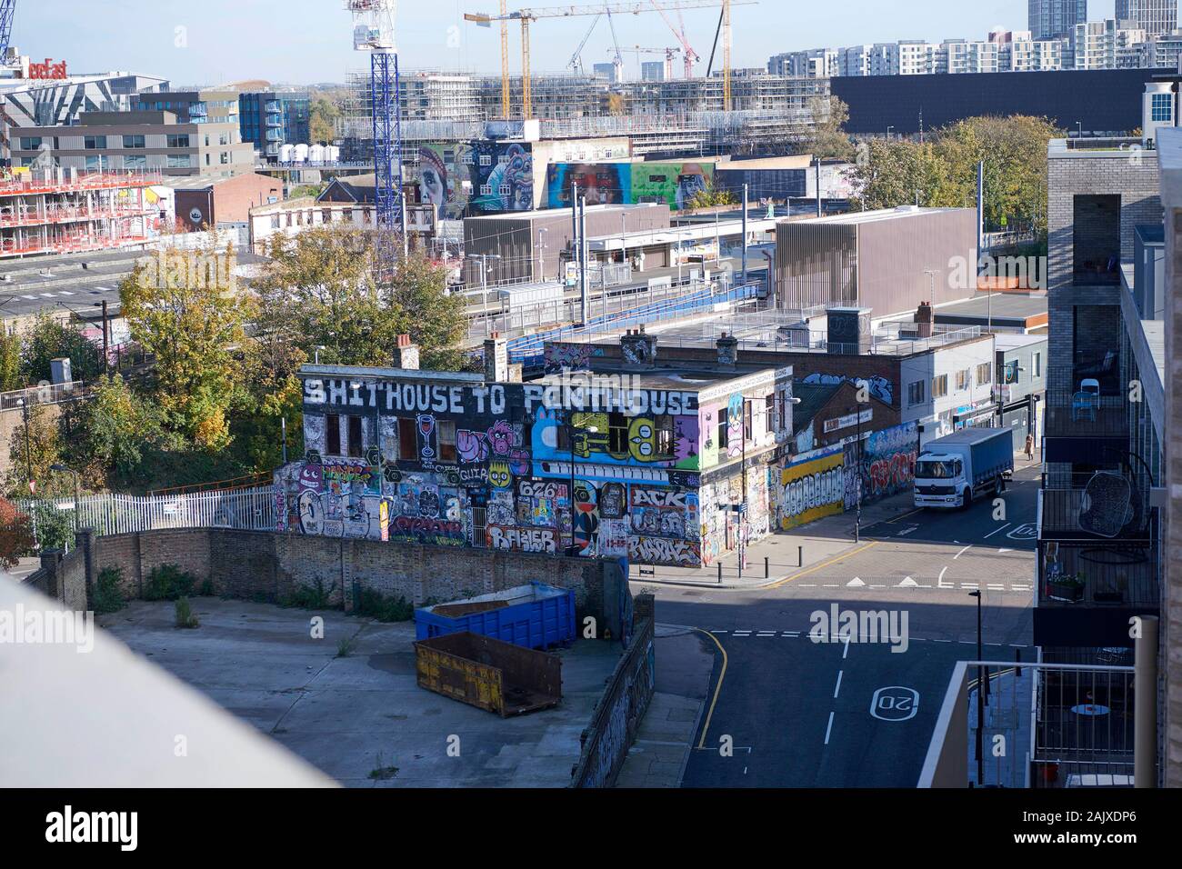 Graffiti objecting to gentrification in Hackney Wick, East end of London, UK Stock Photo