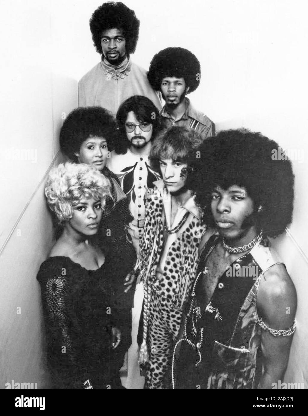 SLY AND THE FAMILY STONE Promotional photo of American group in 1969. Clockwise from top: Larry Graham, Freddie Stone, Greg Errico, Sly Stone, Rose Stone, Cynthia Robinson, Jerry Martini Stock Photo