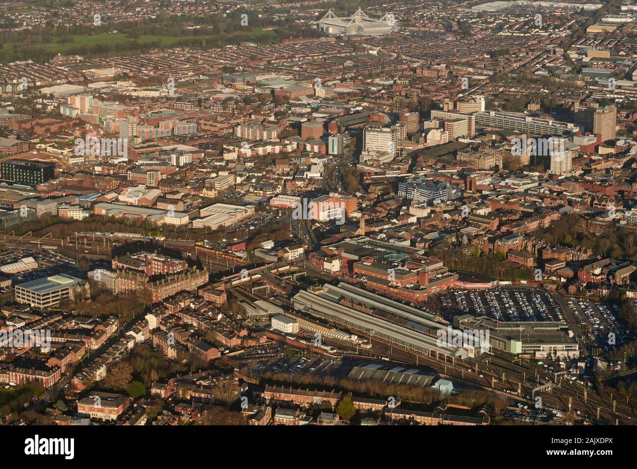 An aerial view of Preston city centre, railway station foreground, north west England, UK Stock Photo