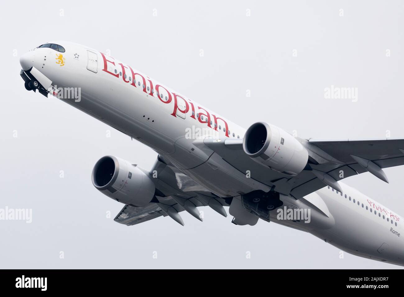 Ethiopian Airlines Airbus A350 registration ET-AWM taking off on December 29th 2019 at Heathrow Airport, Middlesex, UK Stock Photo