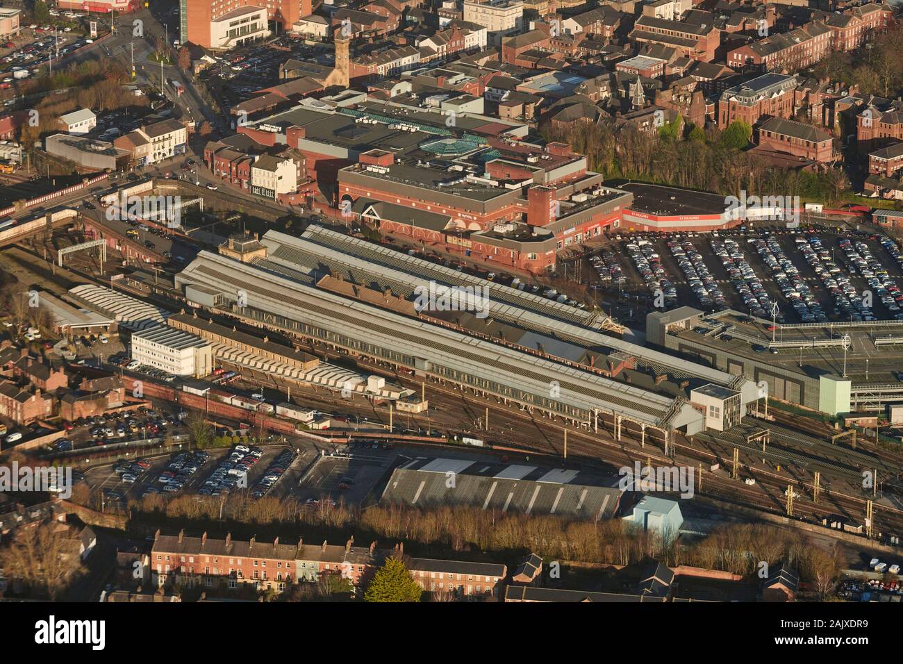 An aerial view of Preston city centre, railway station foreground, north west England, UK Stock Photo